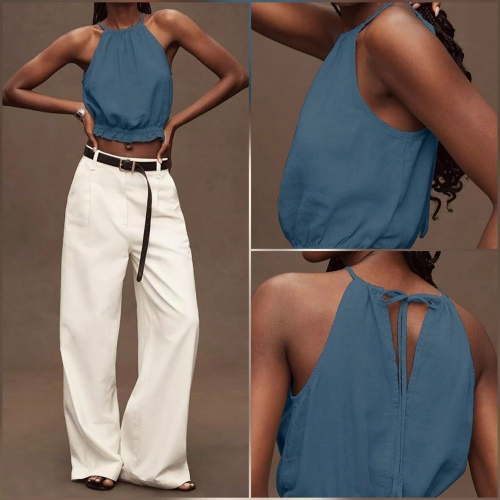 💬☔️🔥⏭️NWT Blue Linen Cropped High Neck Sleeveless Top Large